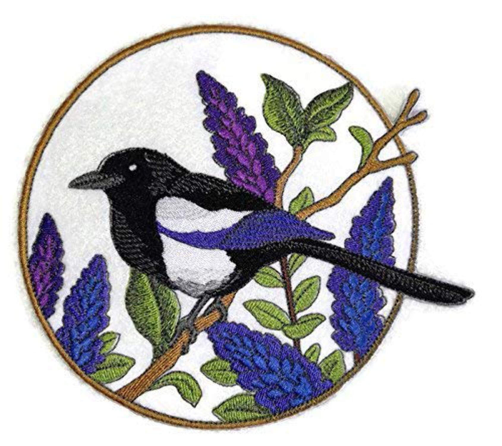 Black Billed Magpie and Lupine Circle Embroidered Iron on Patch [6.3" X 5.9"]