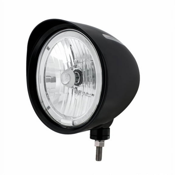 Black "Billet" Style Groove Headlight With Visor 9007 Bulb With Amber LED Halo Rim