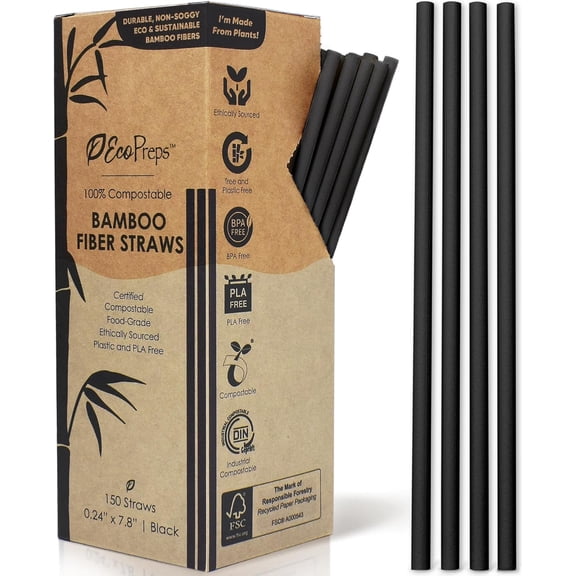 Black Biodegradable Bamboo Fiber Straws - 150 Count, 100% Compostable, Plastic-Free, Eco-Friendly Drinking Straw - 7.8'' Plant Fiber Disposable Straws, Compostable Black Straw For Cocktails