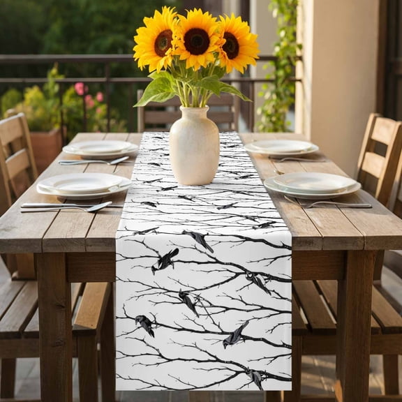 Black Bird on Branch Silhouette Table Runner 36 Inches Long,Kitchen Tablerunners Abstract Animal Plant Art Painting Linen Table Runners Dresser Scarves for Home Dinner Wedding Holiday Party Decor