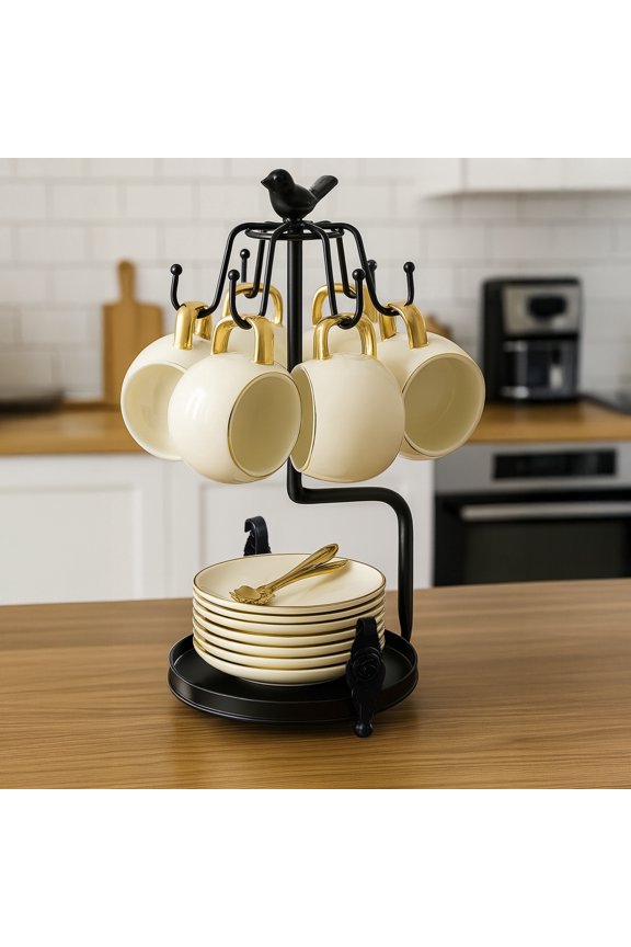 Black Bird Coffee Cup Tree Holder for Countertop, Elegant Iron Mug Rack with Tray, 6 Hooks Design for Large Mugs, Stylish and Functional Kitchen Decor
