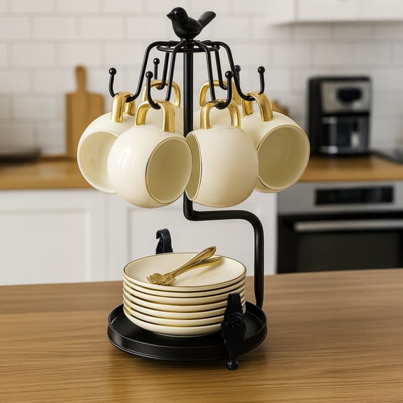 Black Bird Coffee Cup Tree Holder for Countertop, Elegant Iron Mug Rack with Tray, 6 Hooks Design for Large Mugs, Stylish and Functional Kitchen Decor