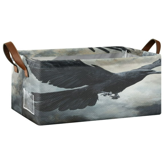 Black Bird Storage Basket Soccer Plaid Fabric Hoard Box Oversized Collapsible Closet Organizer with Metal Iron Frame 16.911.47.7in