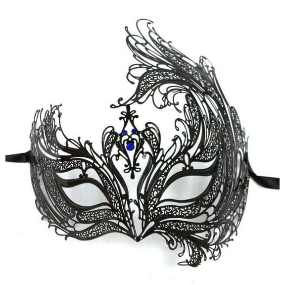 Black Bird of Paradise Blue Crystal Venetian Masquerade Metal Filigree Mask