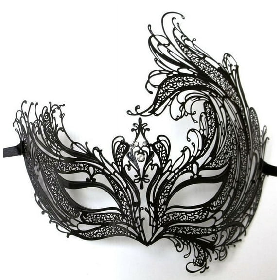 Black Bird of Paradise Crystal Laser Cut Venetian Masquerade Metal Filigree Mask