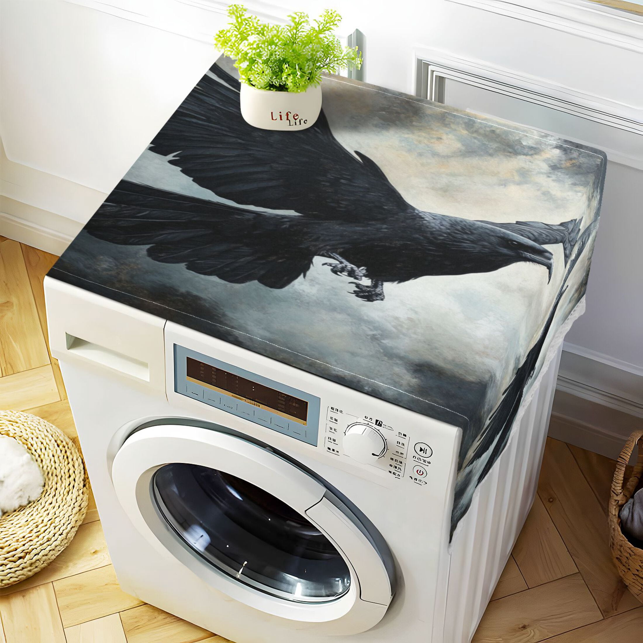 Black BirdWasher and Dryer Covers Dust-Proof and Oil Resistant Fridge Cover with 4 Storage Pockets Washing Machine Top Cover for Laundry Kitchen Home 51.2 x 22 In