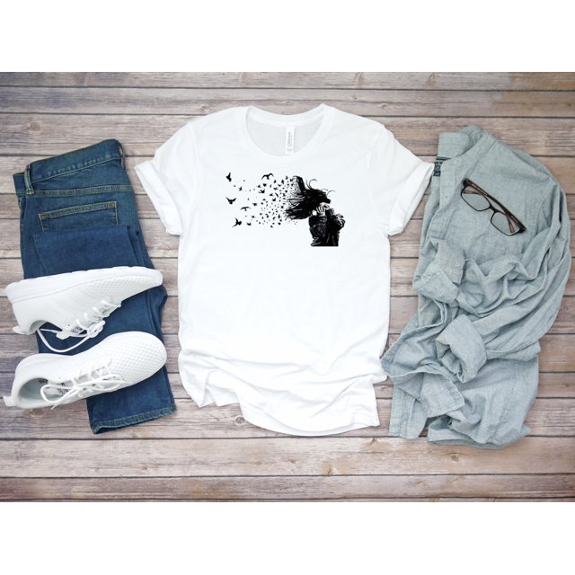 Black Birds Drawings Flying Short Sleeve White Men's T Shirt C054