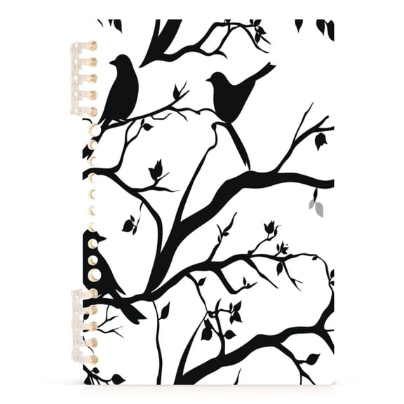 Black Birds and Flowers A5 8.3x5.7in PP Notebook, Adjustable Rings, 60 Sheets, Diary or Journey Note