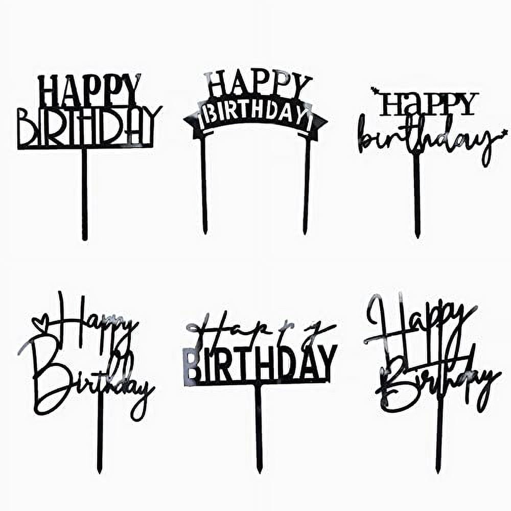 Black Birthday Cake Topper, 6pcs Acrylic Birthday Cake Toppers Happy
