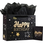 Black Birthday Gift Bag with Tissue Paper and Greeting Card, 13'x10.2'x4.9', Medium (1-Piece Set, Black Starry Sky, Includes Card, Ribbon, Tissue Paper)