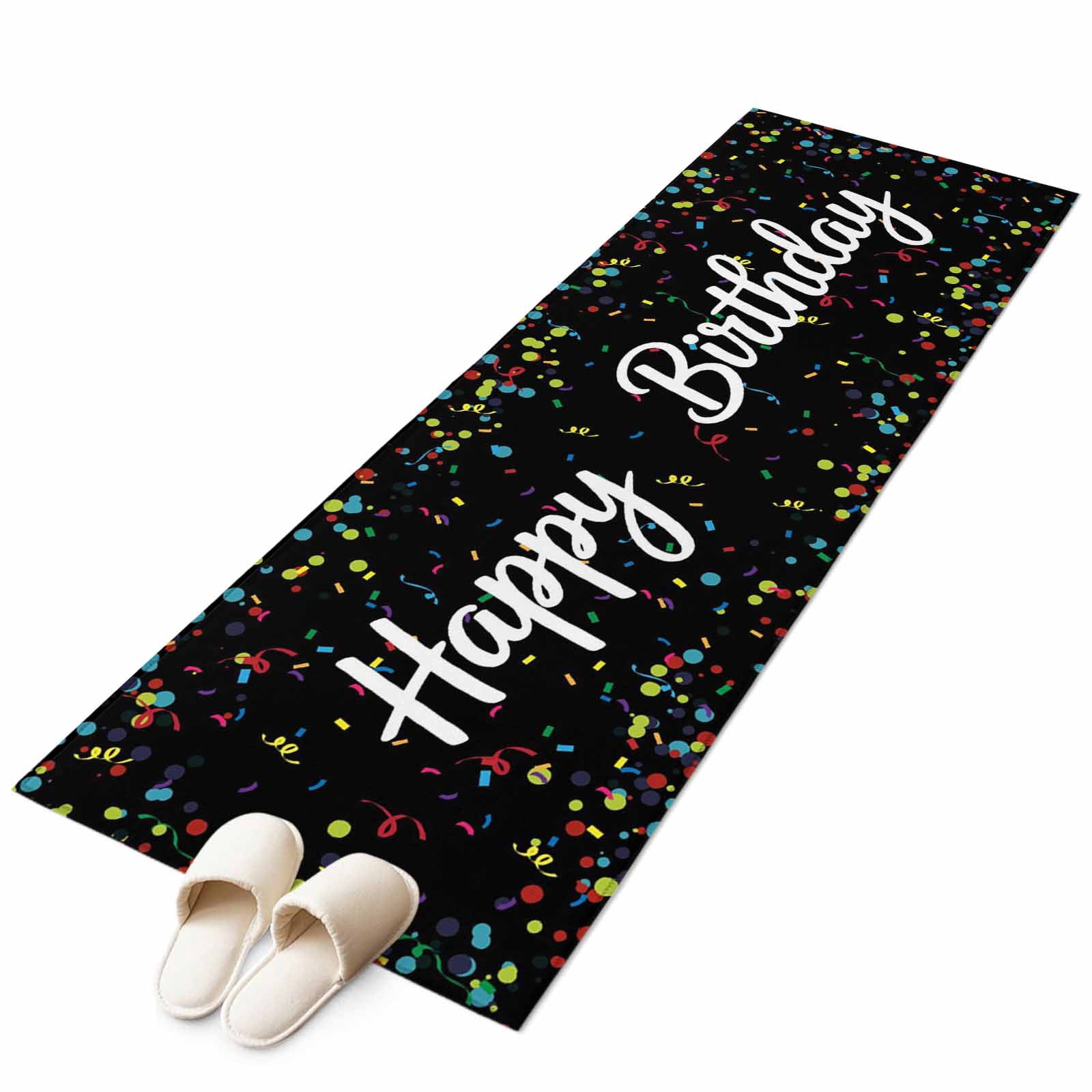 Black Birthday Large Area Rugs for Bedroom Living Room, Soft Non Slip Carpet Bedside Rug, Colorful Confetti Ribbons Polka Dots Classroom Rectangular Floor Cover Kitchen Accent Rug 2'x6' for Office