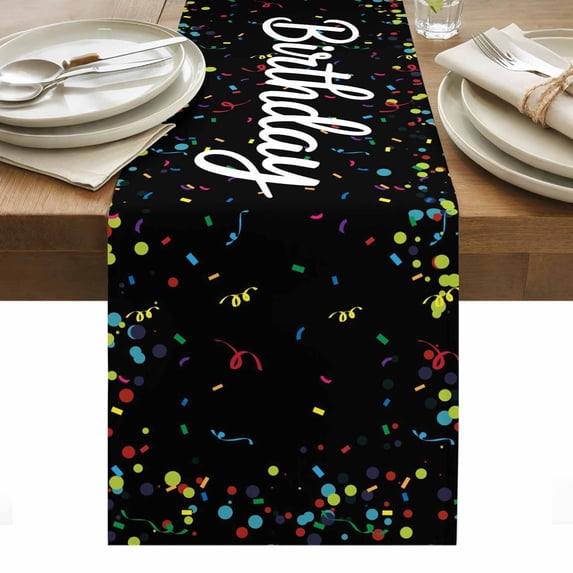 Black Birthday Table Runner - 108 Inch Long, Kitchen Dining Table Runner Dresser Scarves, Colorful Confetti Ribbons Polka Dots Classroom Farmhouse Decor for Coffee Tables Wedding Party Banquet