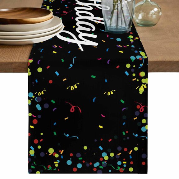 Black Birthday Table Runner, Colorful Confetti Ribbons Polka Dots Classroom Washable Cotton Linen Table Runners 48 Inches Long, Dresser Scarf Runner for Nightstand/Coffee/End Tables 13''x48''