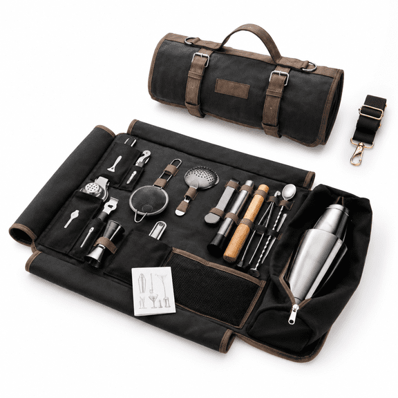 Black - Black 17-Piece Travel Mixology Bartending Kit with Waxed Canvas Bar Bag