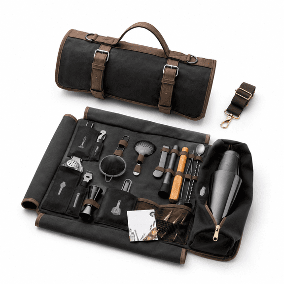 Black - Black 17-Piece Travel Mixology Bartending Kit with Waxed Canvas Carry Bag