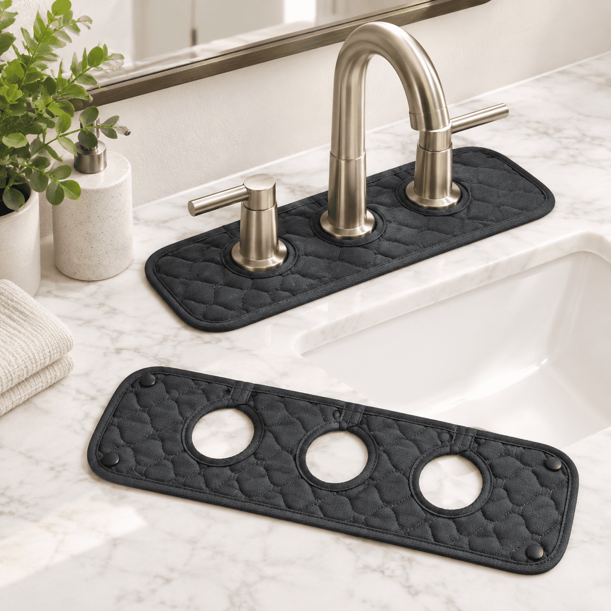 Black & Black 3-Round-Hole Bathroom Sink Splash Guard Faucet Mat ...
