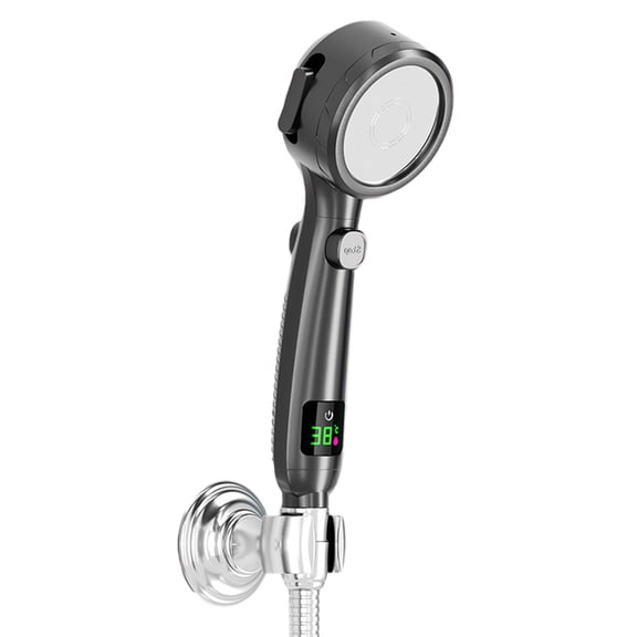 Black Black 4-Mode Intelligent Digital Display Shower Head One-Button Water Stop Turbo Handheld Bath Nozzle With Temperature Gauge