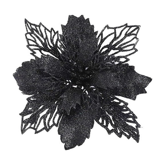 Black Black Christmas Poinsettia Flower Glitter Tree Ornaments Set Of 5 Pieces Pvc Material 3.9X3.9 Inches Each For Holiday Decor Black Poinsettia Flowers