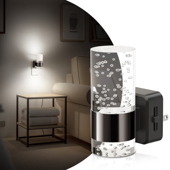 YANSUN Black & Black Chrome 1-Watt Plug-in Bubble Acrylic Cylinder Integrated LED Night Light with Light Sensor, Cool White 5000K, Up-Down Glow, 1-Pack