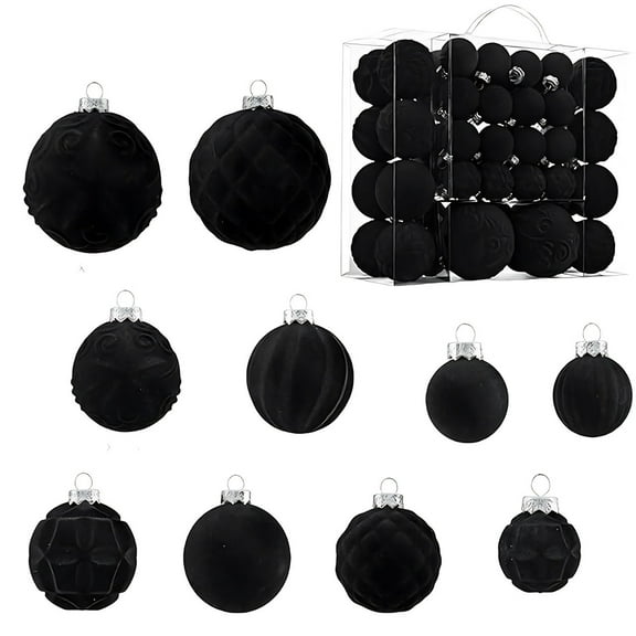 Black Black Flocked Christmas Balls Set Of 46 Pieces Velvet Finish Plastic Ornaments For Tree Decoration Holiday Decorations Hanging Balls Plastic Material