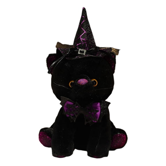 Black Black Halloween Cat Plush Doll With Witch Hat Soft Cloth Stuffed Animal Toy For Kids