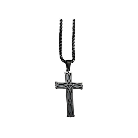 Black Black Irish Knot Cross Pendant Necklace Titanium Steel Religious Jewelry Gift For Men Women Unisex Chain Included 2X1Inch