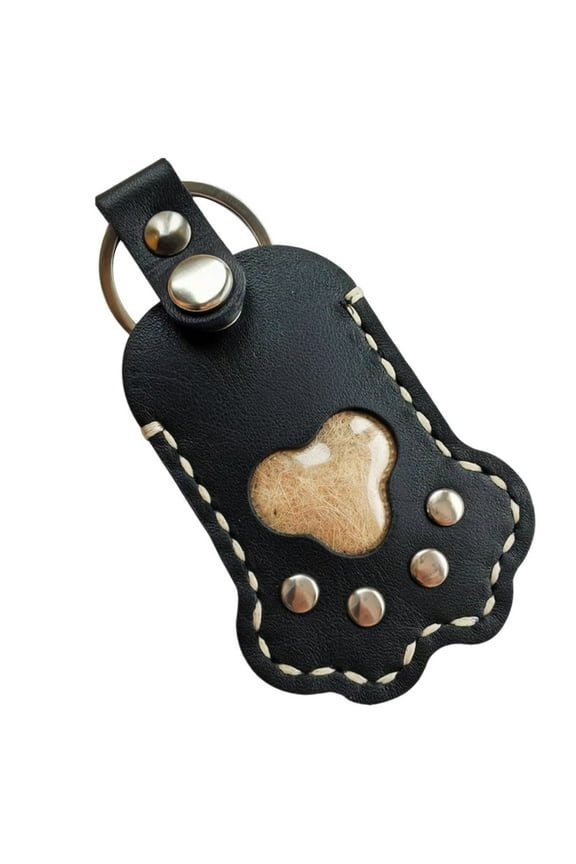 Black Black Leather Pet Memorial Keychain With Paw Design For Hair Storage