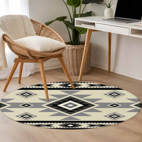 Black Black Pattern 3.3ft Round Rug for Bedroom Reading Corner, Retro Bohemian Square Abstract Geometric Washable Non Slip Circle Area Rug
