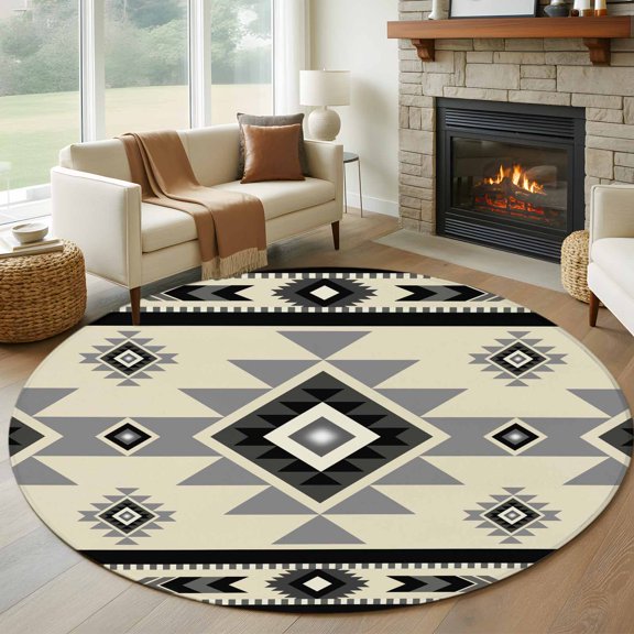 Black Black Pattern 7ft Round Rug for Living Room Conversation Area, Retro Bohemian Square Abstract Geometric Washable Non Slip Large Circle Area Rug