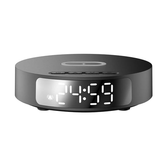 Black Black Round Multi Function Alarm Clock With 15W Wireless Charging Station For Ios And Android Devices Compact