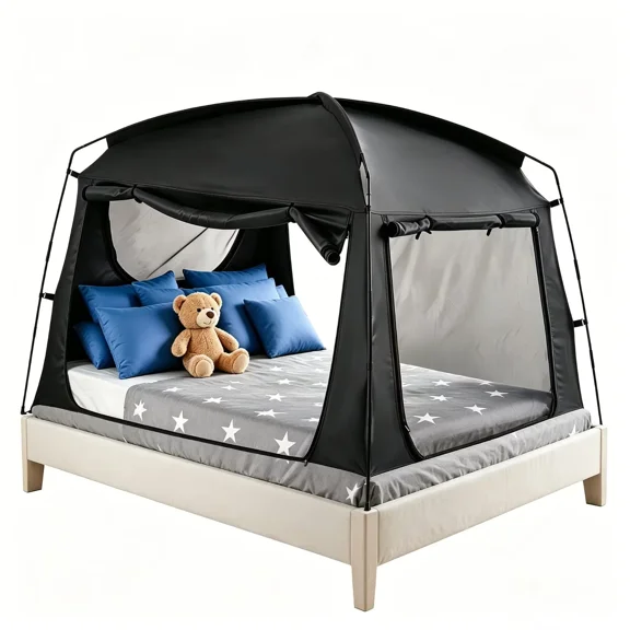 Black Privacy Queen Size Sleep Bed Tent for Adult Kids,Blackout 90% Indoor Canopy Play Tents with Large Mesh Windows