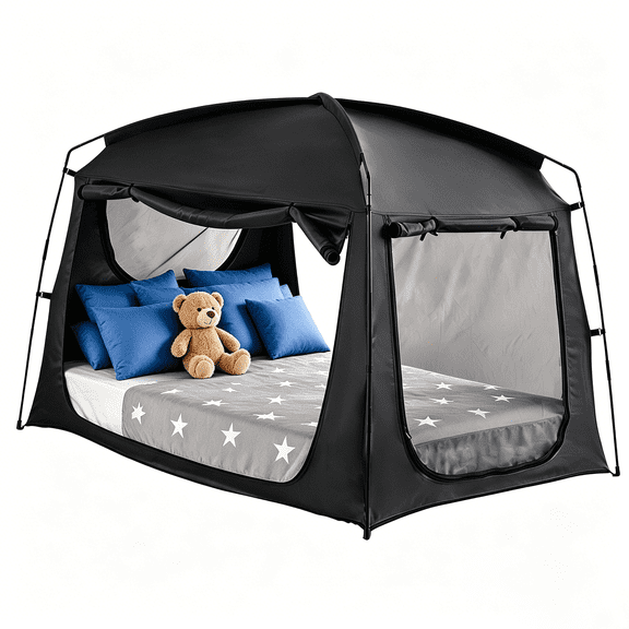 Black Privacy Queen Size Sleep Bed Tent for Adult Kids,Blackout 90% Indoor Canopy Play Tents with Large Mesh Windows