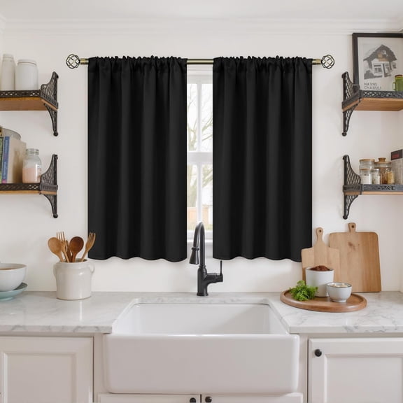 Black Blackout Curtains 40 Inches Long for Kitchen Windows - Short Thermal Insulated Drapes with Rod Pocket Privacy for Cafe Bedroom Window, 42 x 40 Inch, 2 Panels