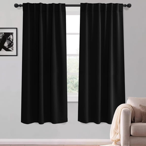 Black Blackout Curtains 63 inch Length, Room Darkening Thermal Insulated Noise-Reducing Black Out Curtains for Bedroom Living Room Windows, Back Tab Rod Pocket, W52 x L63 inches, 2 Panels