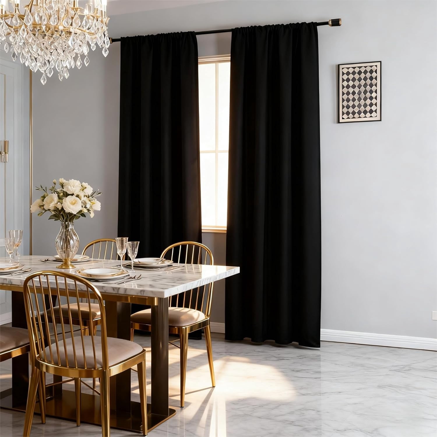 Black Blackout Curtains 84 Inch Length 2 Panels Set, Black Out Curtains for Bedroom 84 Inch Long, Rod Pocket Energy Saving Room Darkening Drapes for Living Room Window(W52 x L84)