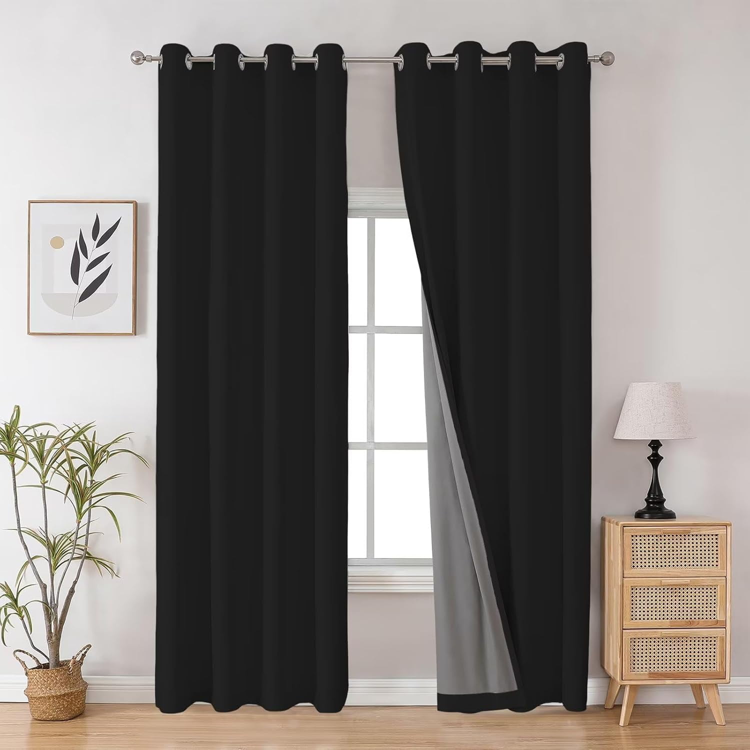 Black Blackout Curtains 96 Inches Long for Living Room, Grommet Solid