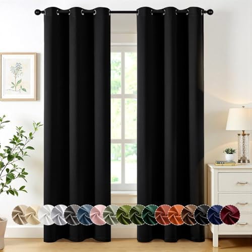 Black Blackout Curtains for Bedroom Living Room 84 Inches Long 2 Panels, Thermal Insulated Room Darkening Drapes Solid Grommet Top Noise Reduction Light Blocking Halloween Window Treatments
