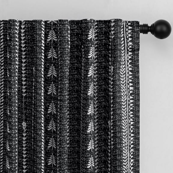 Black Blackout Curtains, Boho Printed Patterned, 95% Room Darkening Farmhouse, Thermal Insulated, Back Tab, 2 Panels, 84 Inches Long