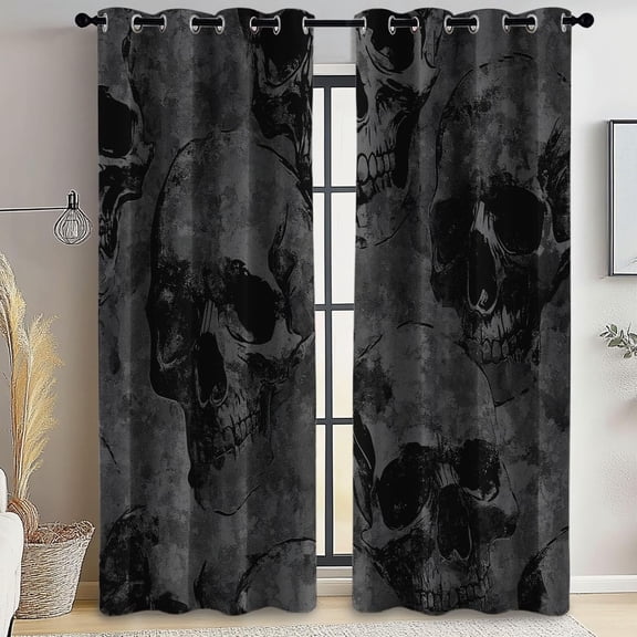 Black Blackout Curtains, Gothic Texture Skull Printed, Thermal Insulated Room Darkening Light Blocking Curtains with Grommets, Drapes for Bedroom Living Room-52"W x 72"L (Pack of 2)