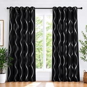 Black Blackout Striped Pattern Curtains for Living Room 84 inch Long 2 Panels Set, Noise Reducing Thermal Insulated Wave Line Foil Print Bedroom Drapes for Pati