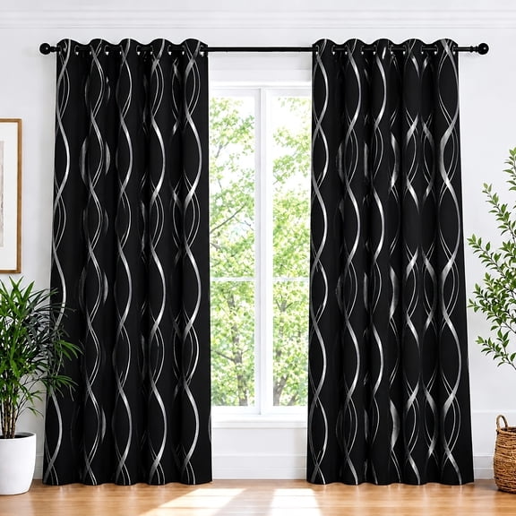 Black Blackout Striped Pattern Curtains for Living Room 84 inch Long 2 Panels Set, Noise Reducing Thermal Insulated Wave Line Foil Print Bedroom Drapes for Patio Sliding Glass Door (52 x 84)