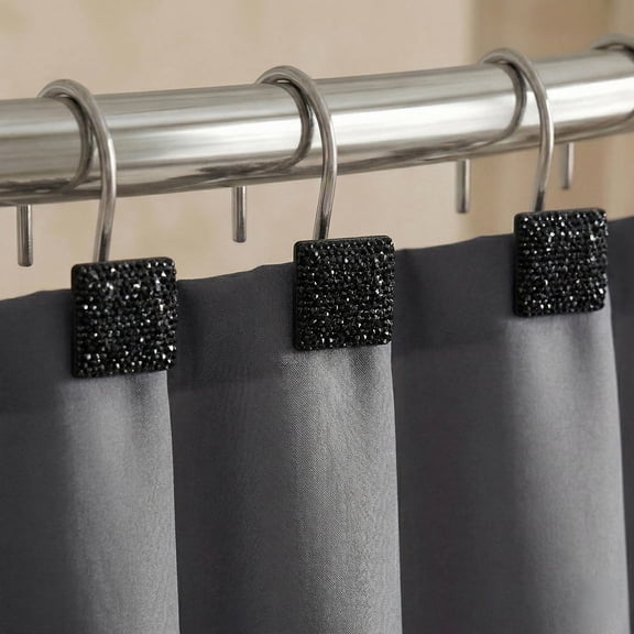 Black Bling Shower Curtain Hooks: Christmas Bathroom Curtain Rings, 12Pcs | Glam Sparkly Crystal Diamond Shower Hooks, Cute Square Rhinestone Rustproof Hangers, Gift for Xmas Holiday Bathroom Decor