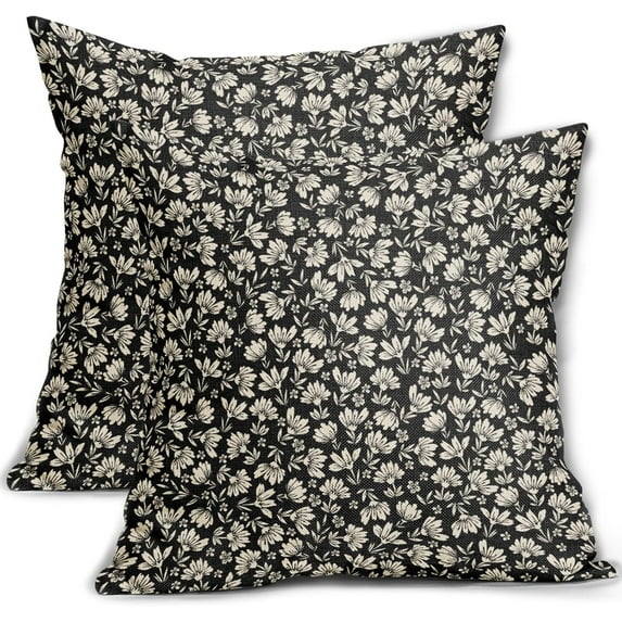 Black Block Print Pillow Covers 16x16 Inch Set of 2, Rustic Cottage Style Cream Floral Decorative Throw Pillow Cases Cushion Covers Vintage Decoration Gift Farmhouse Sofa Couch Bed Decor