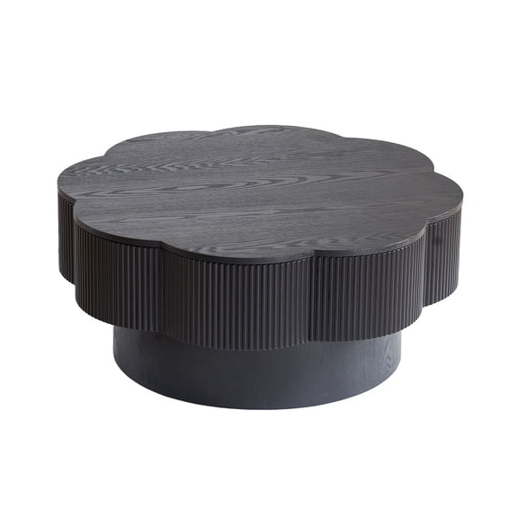 Black Blossom Shaped Coffee Table with Hidden Storage, Fluted Texture MDF Living Room Center Table