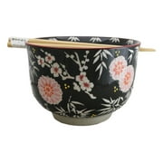 Black Blossoms Floral Design Large 24Oz Donburi Ramen Bowl With Chopsticks Set