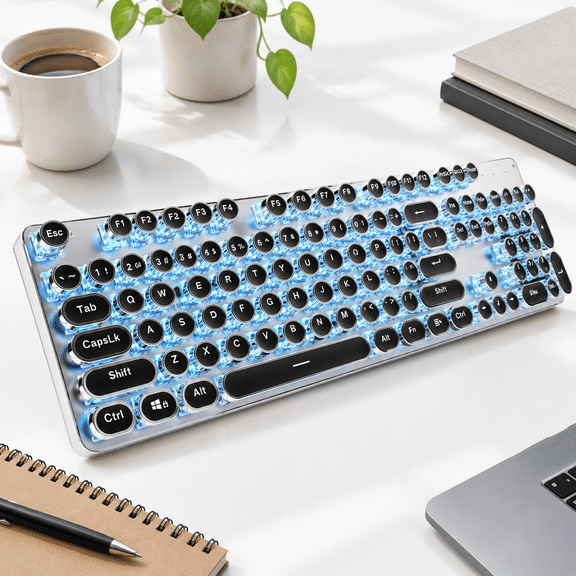 Black&Blue 104 Key Wireless Mechanical Typewriter With Blue Backlight