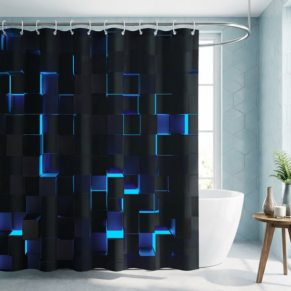 Black Blue 3D Cube Abstract Shower Curtain 72x72 Inch, Modern Tech Geometric Bathroom Curtain with 12 Hooks
