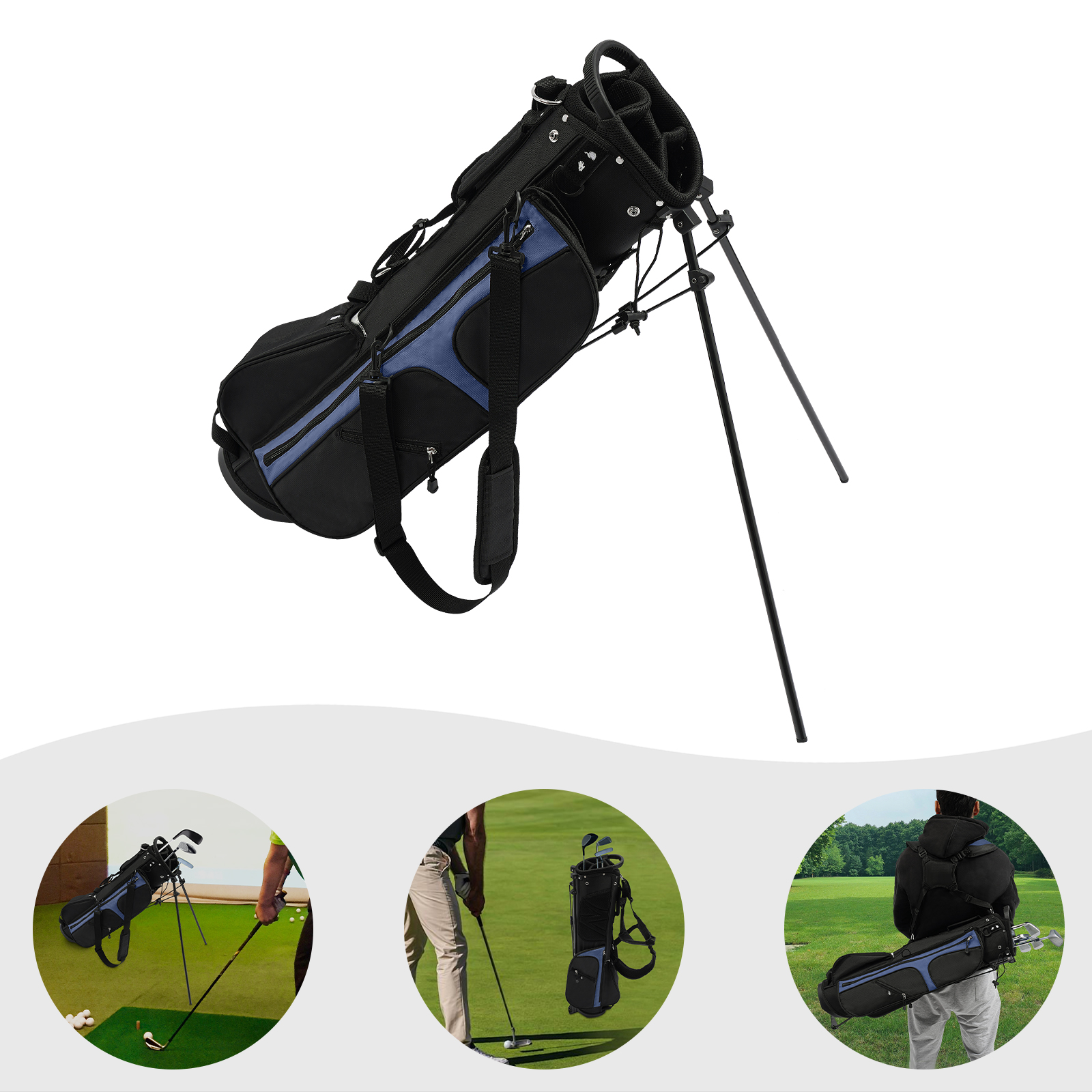 Black+ Blue Black+ Blue Portable Nylon&Cotton Golf Stand Bag for Golf Clubs with Detachable Small Bag Practical Zippers