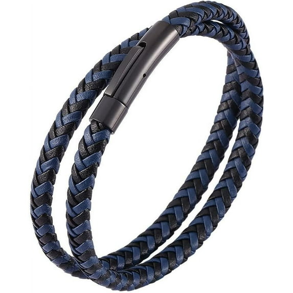 Black Blue Braided Leather Bracelet - Mens Genuine Leather Bracelets Woven with Leather Cord Rope & Steel Wire - Durable Stainless Steel Spring Clasp