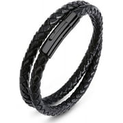 ESUNARTY Black Blue Braided Leather Bracelet - Mens Genuine Leather Bracelets Woven with Leather Cord Rope & Steel Wire - Durable Stainless Steel Spring Clasp